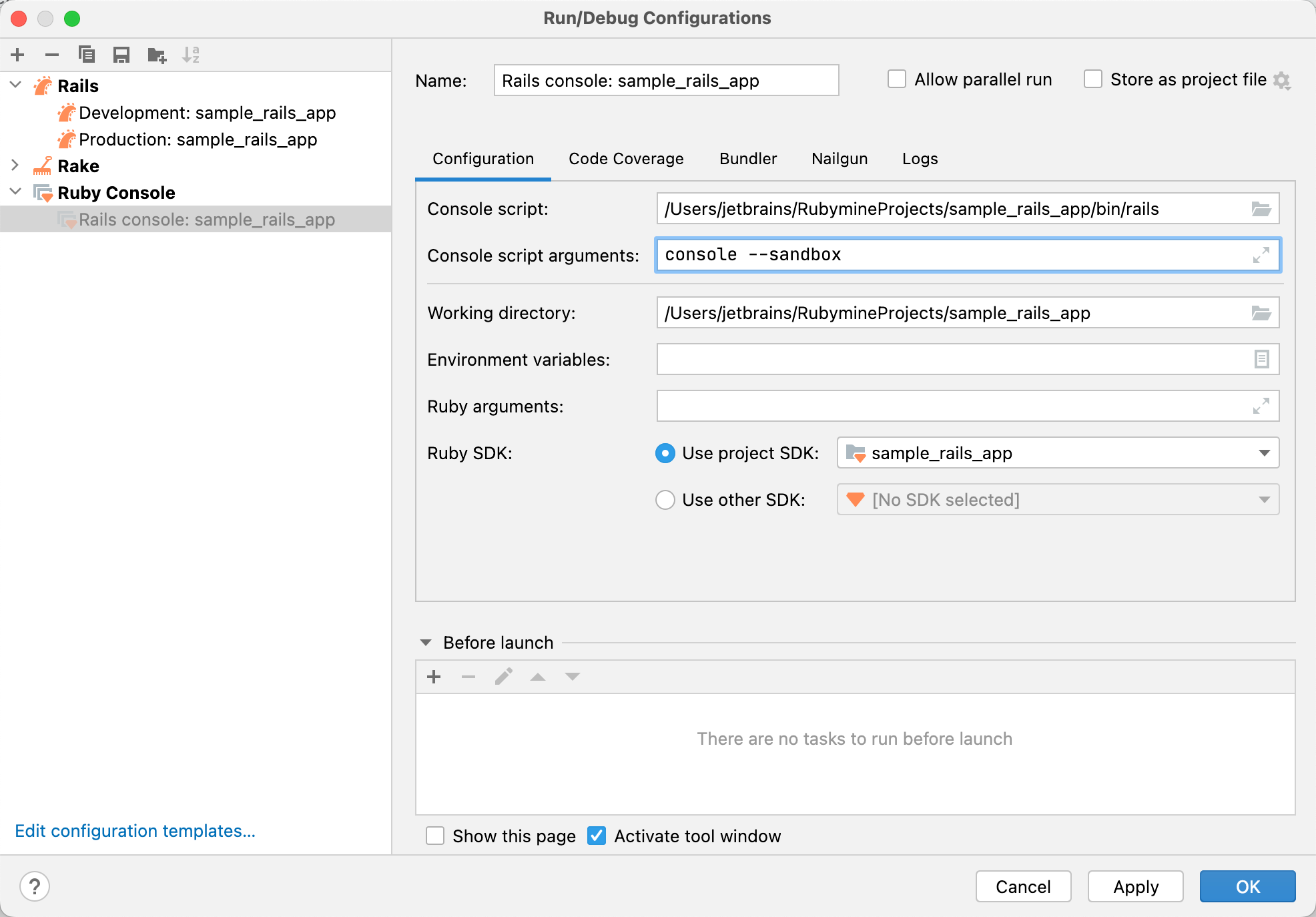 Rails console: Run/Debug configuration