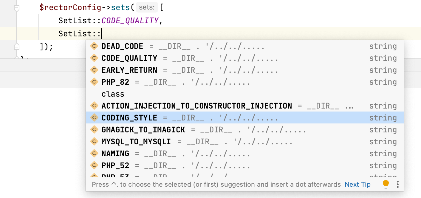 Code completion for Rector rulesets