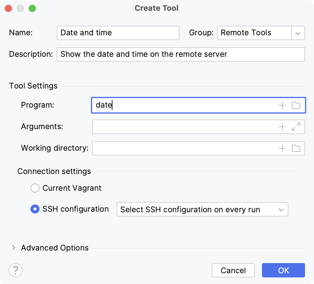 The Create Tool dialog