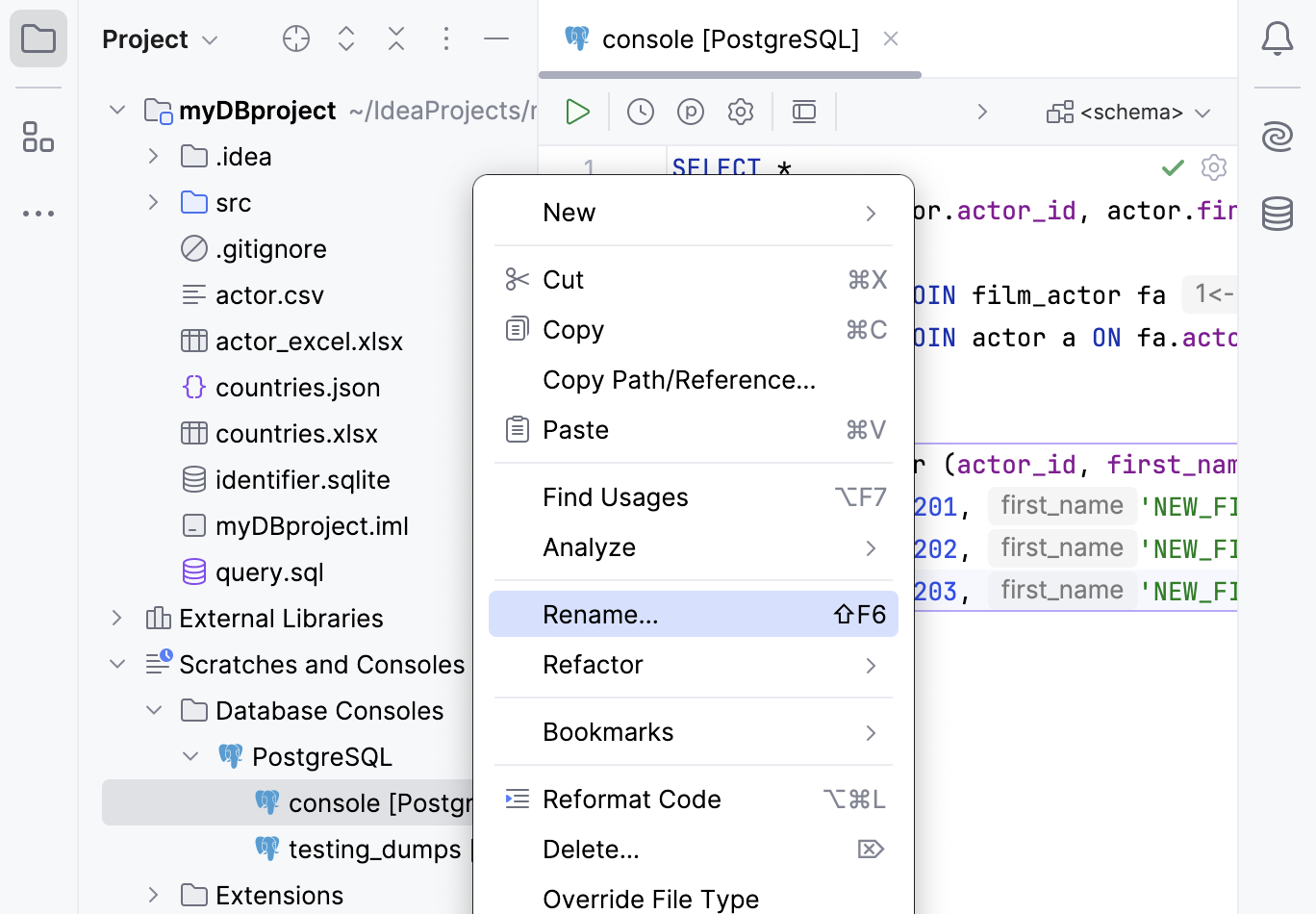 Rename a query console file