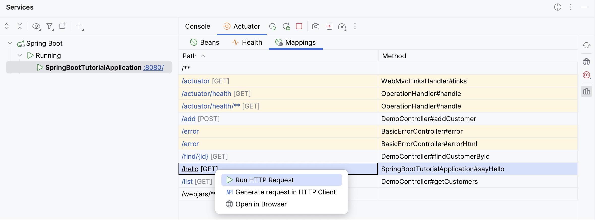 Opening HTTP request mappings from Services tool window