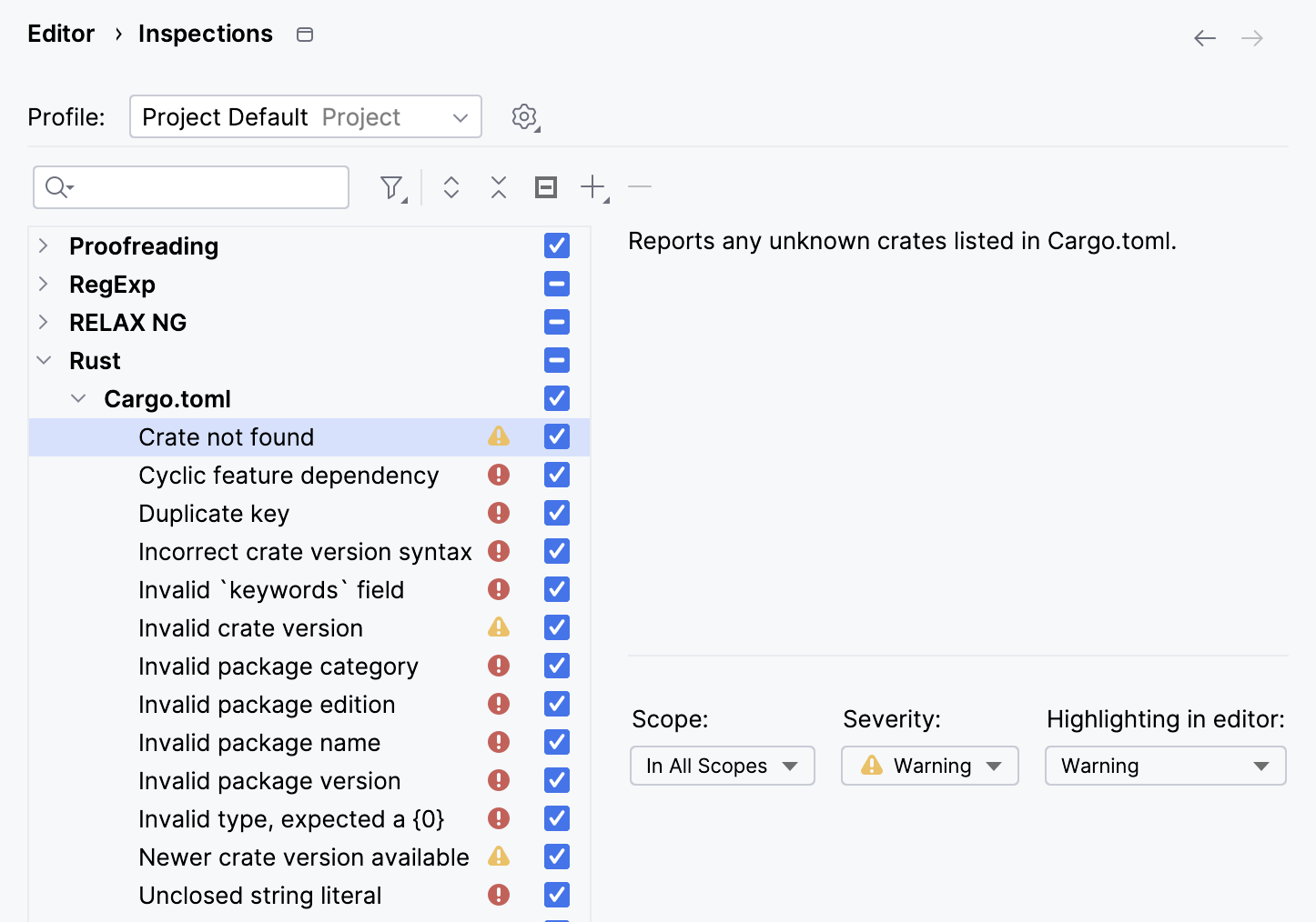 The list of Cargo.toml inspections in settings