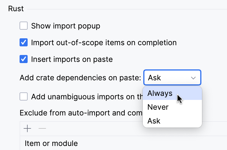 Add crate dependencies on paste settings