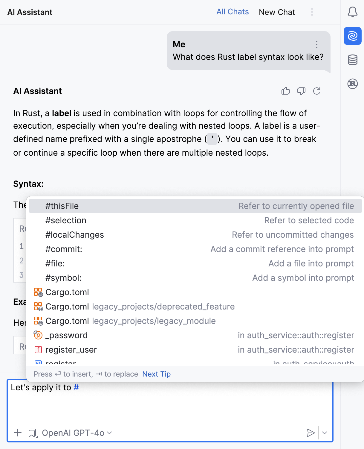 RustRover: Asking AI Assistant programming-related questions