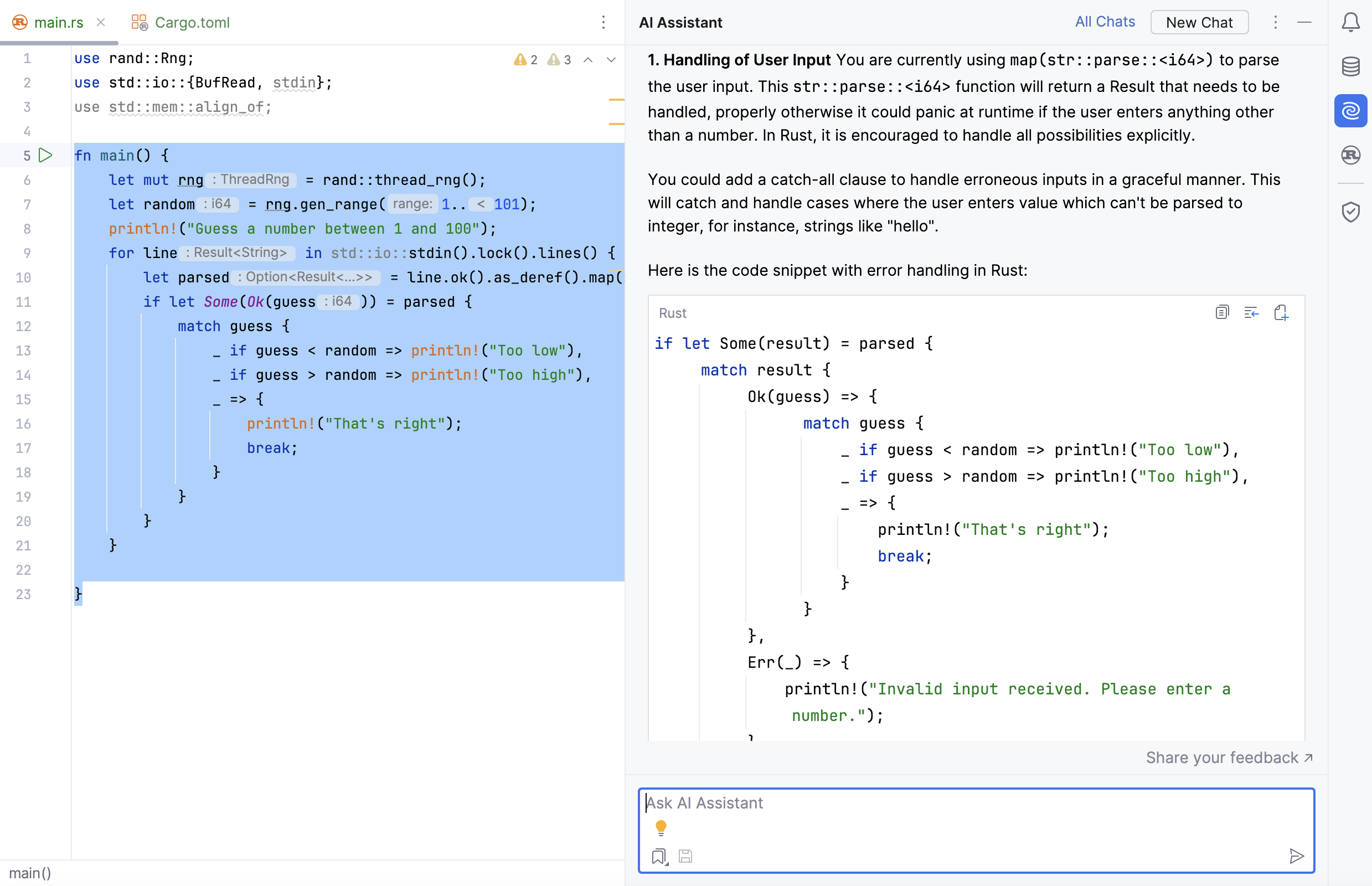 RustRover: AI Assistant finds potential problems in the selected code