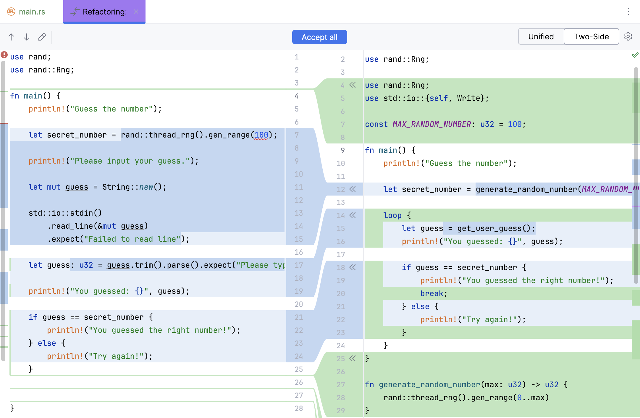 Applying the refactoring suggestion without preview