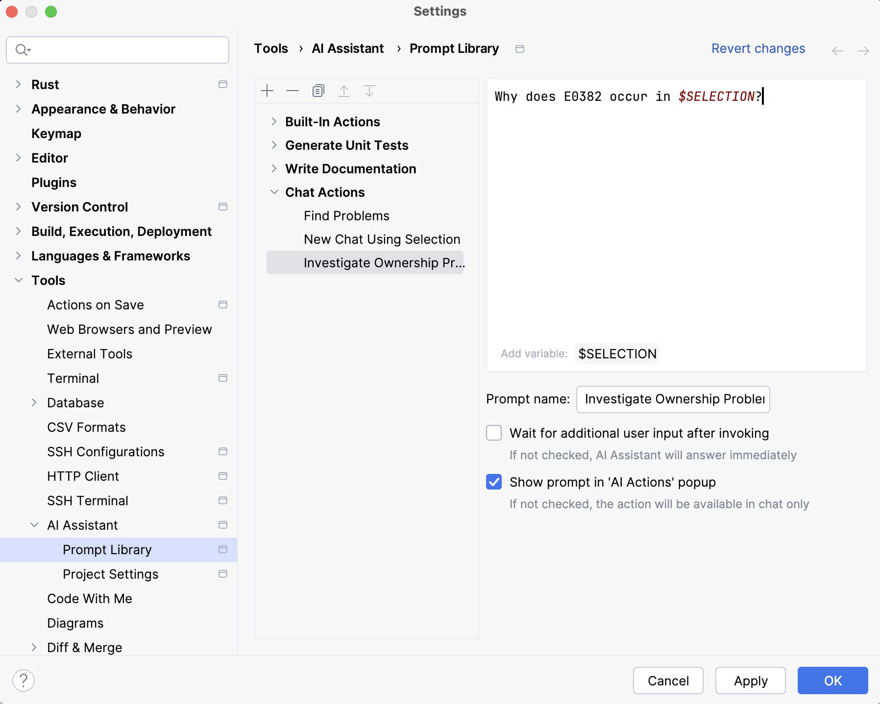 RustRover: Custom prompt parameters