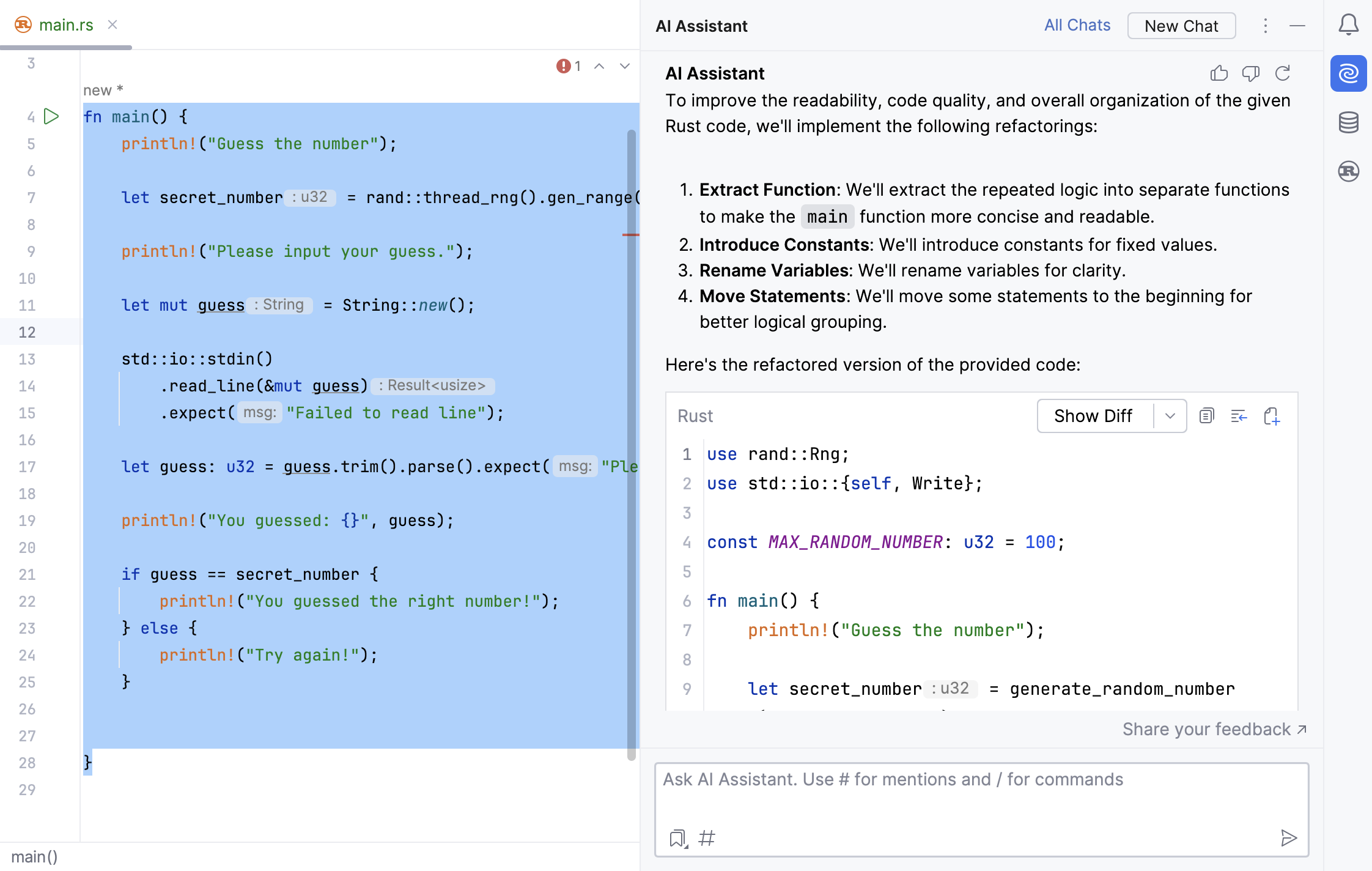 RustRover: AI Assistant suggests refactoring