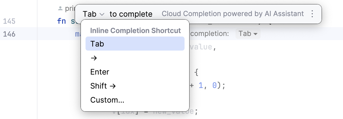 Code completion popup