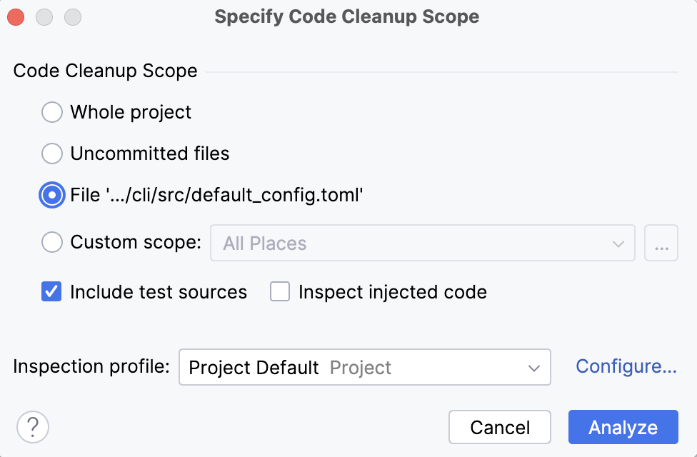 the Specify Code Cleanup Scope dialog