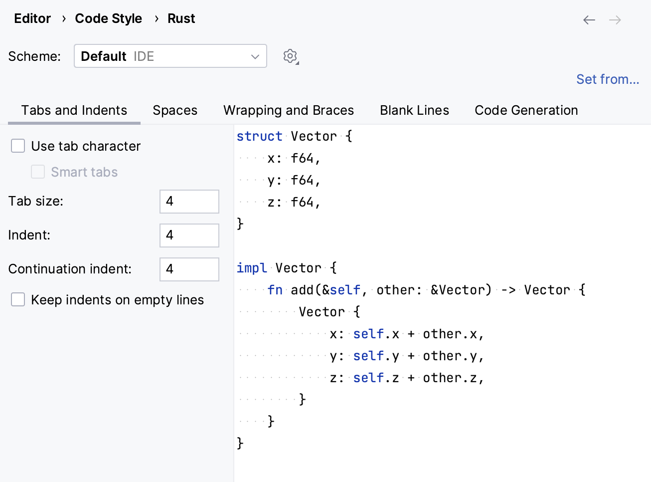 Code style settings for Rust