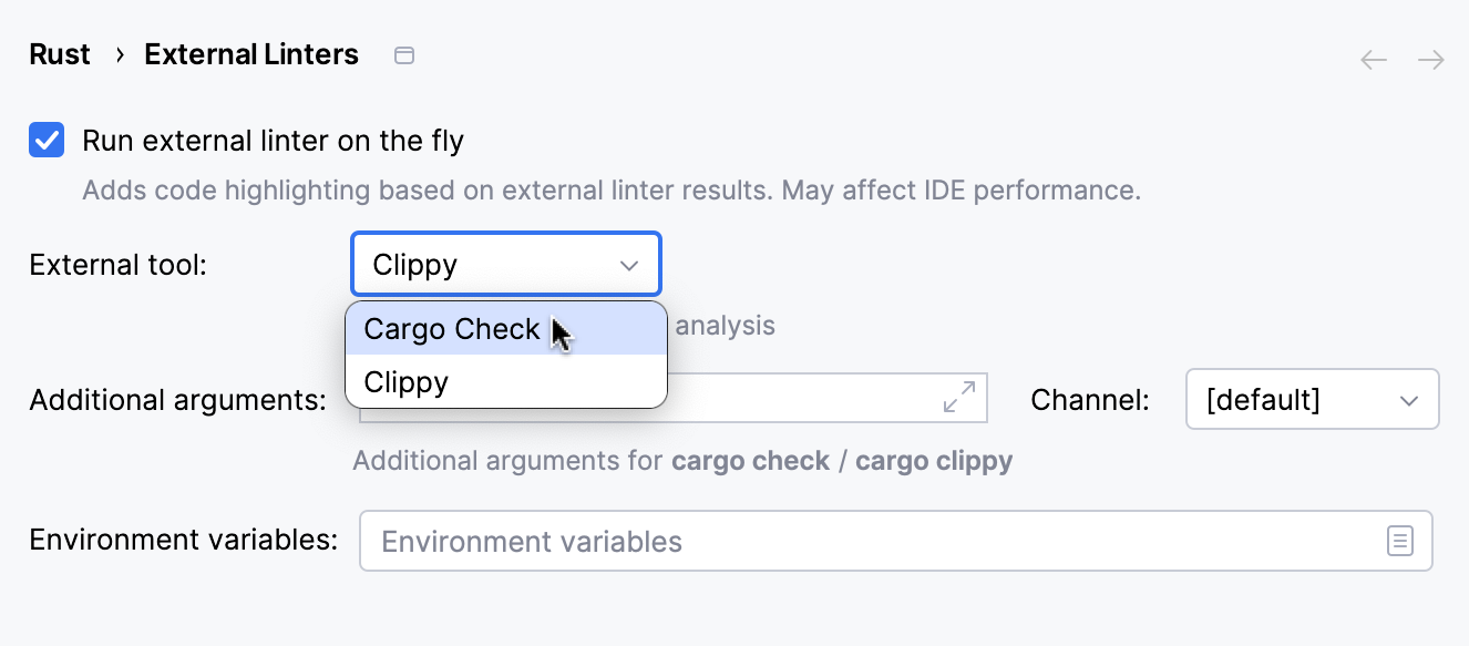 External linter settings: on-the-fly analysis off