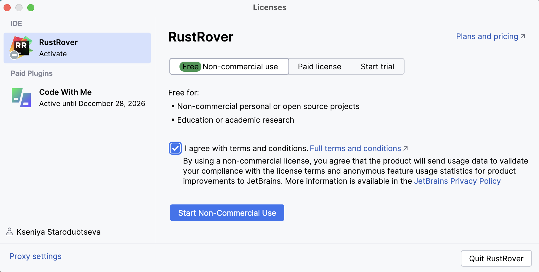 RustRover: The Licenses dialog with the option to activate a free license