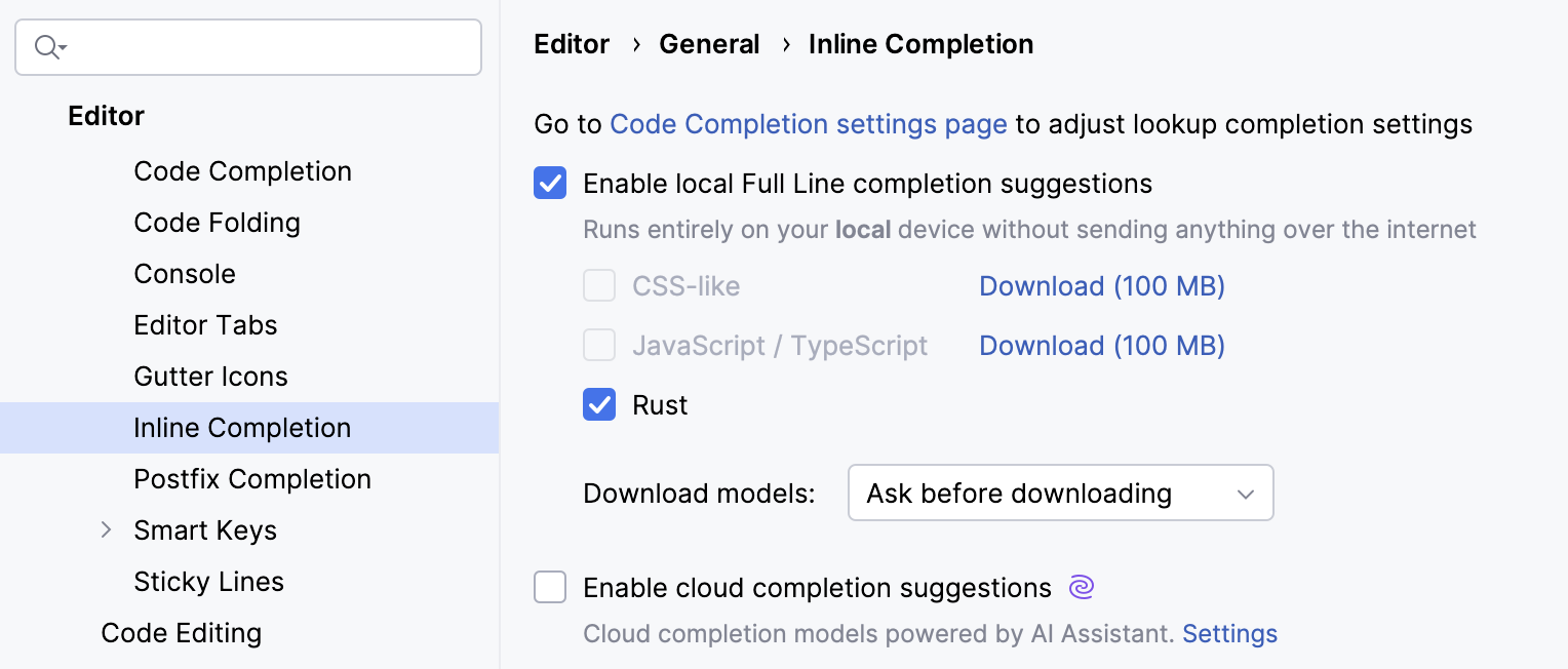 Enabling full line code completion