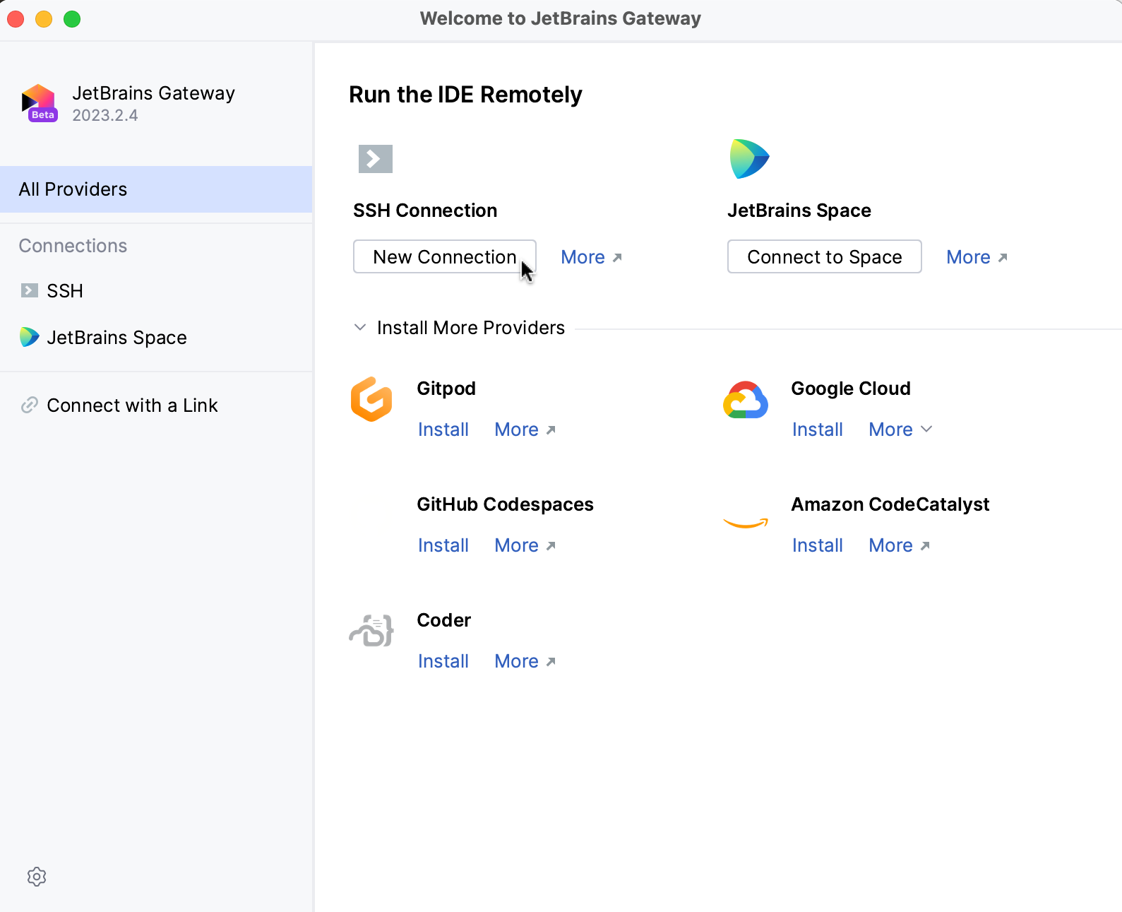 JetBrains Gateway start screen