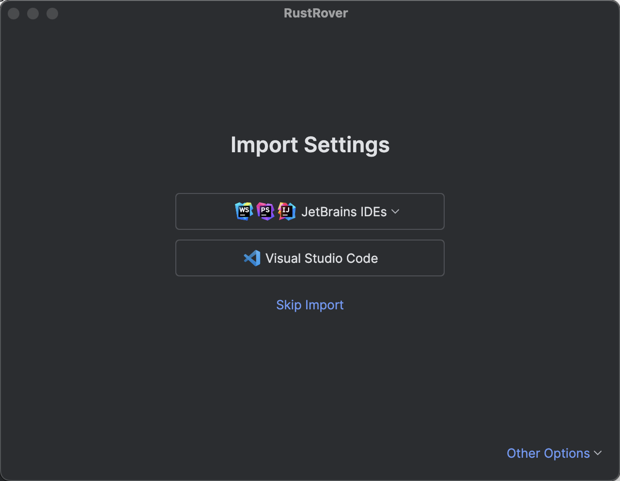 The Import Settings dialog with the cursor on the Visual Studio Code button