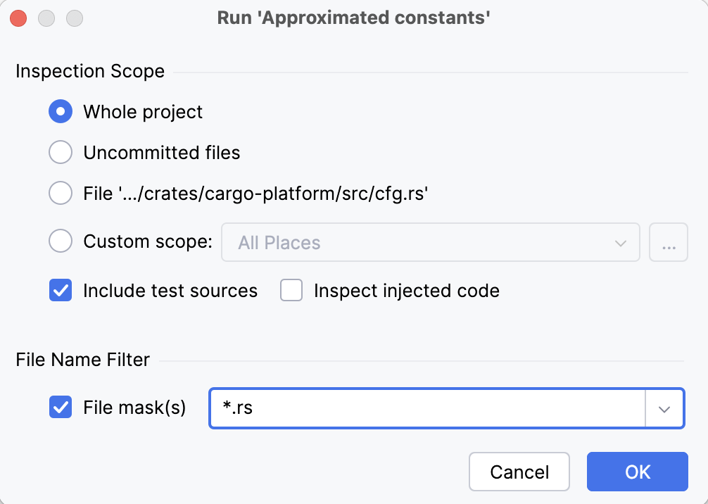 Parameters of a single inspection run