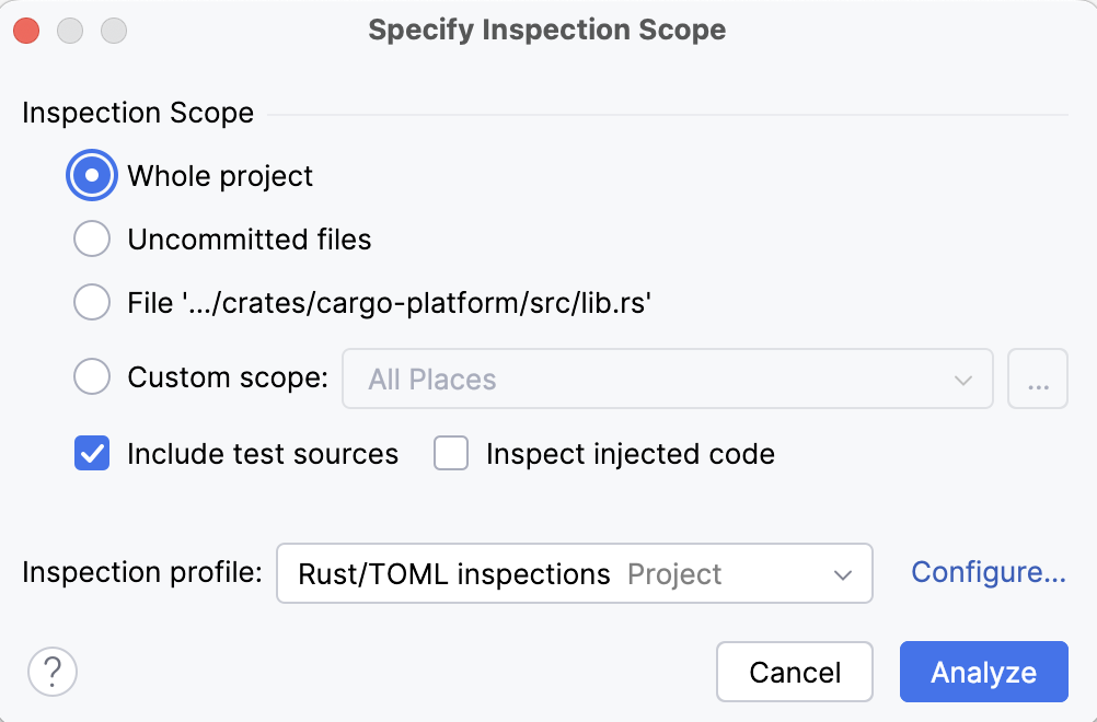 The Specify Inspection Scope dialog