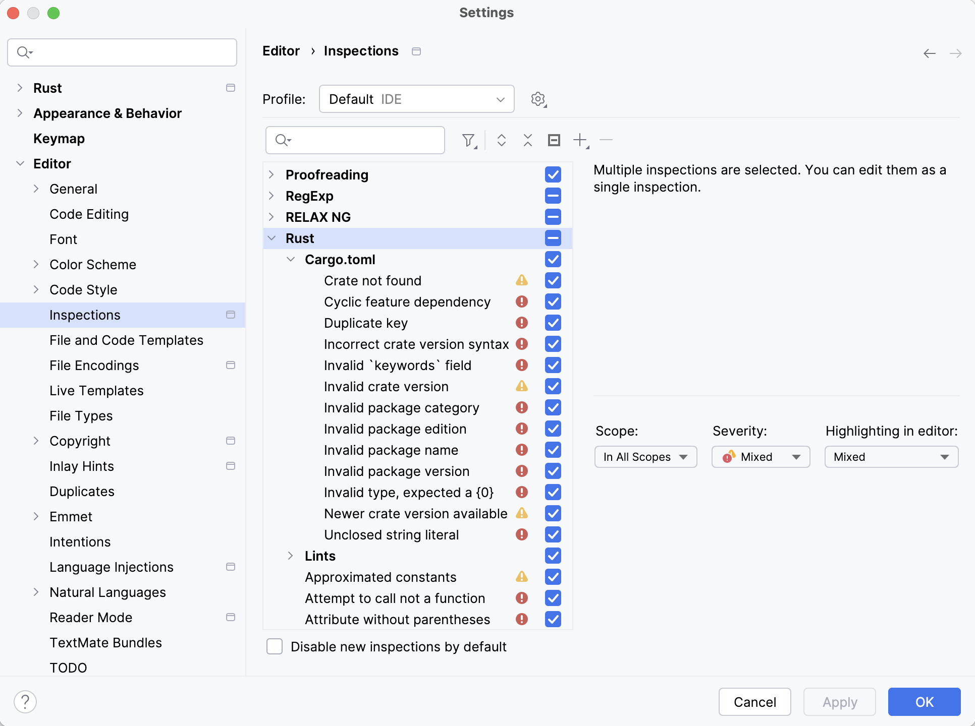 The list of inspections and their settings