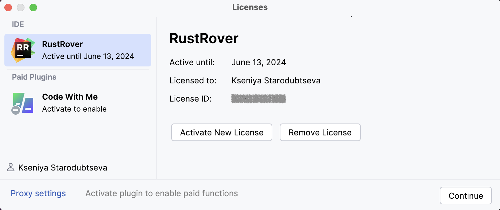 Activate RustRover license with a JB Account. License details.