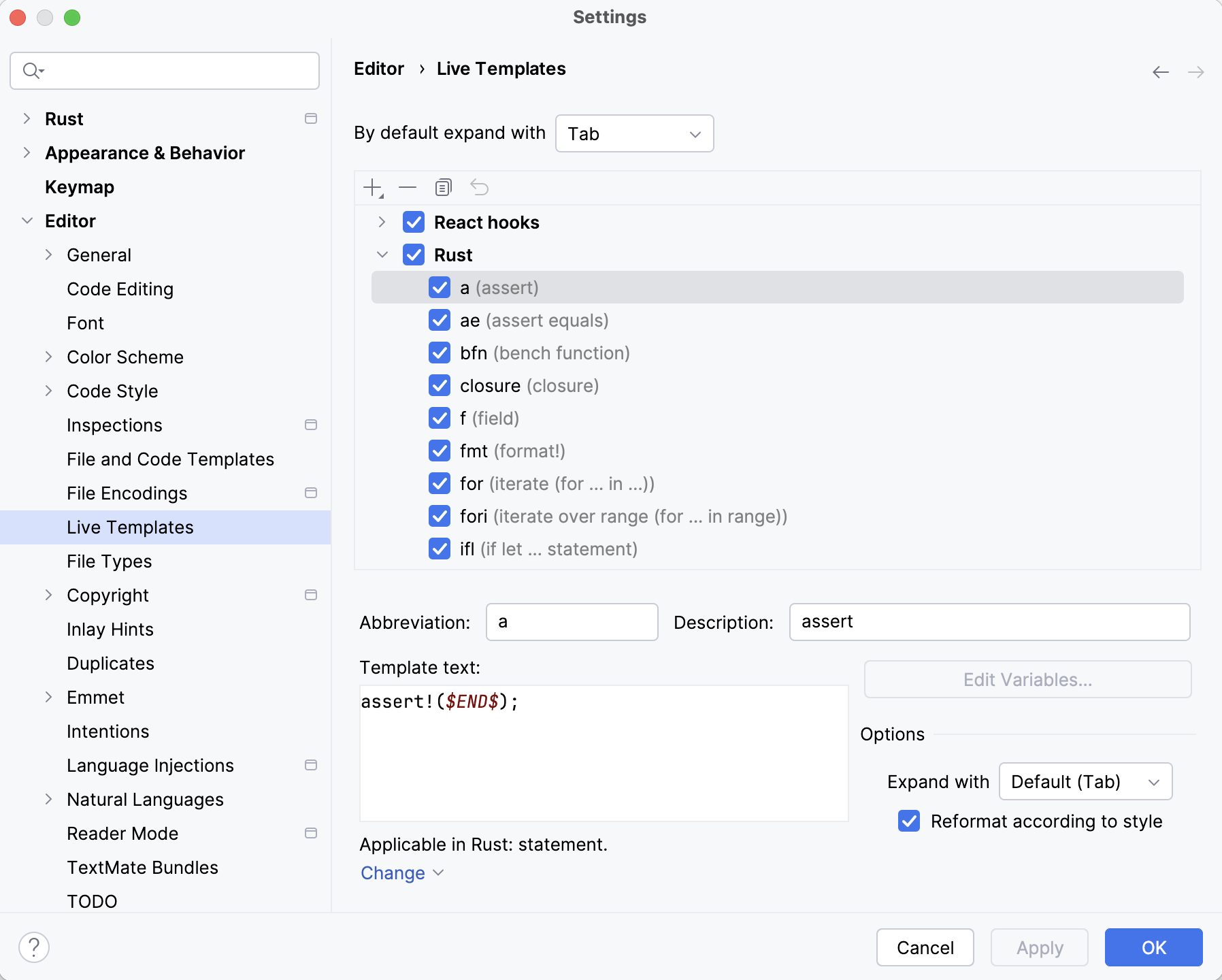 live templates settings