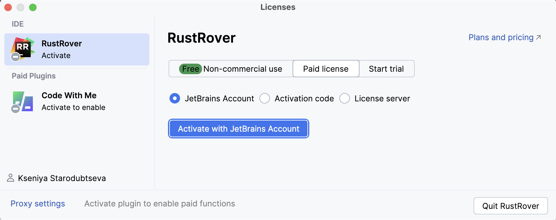 Activate RustRover license with a JB Account