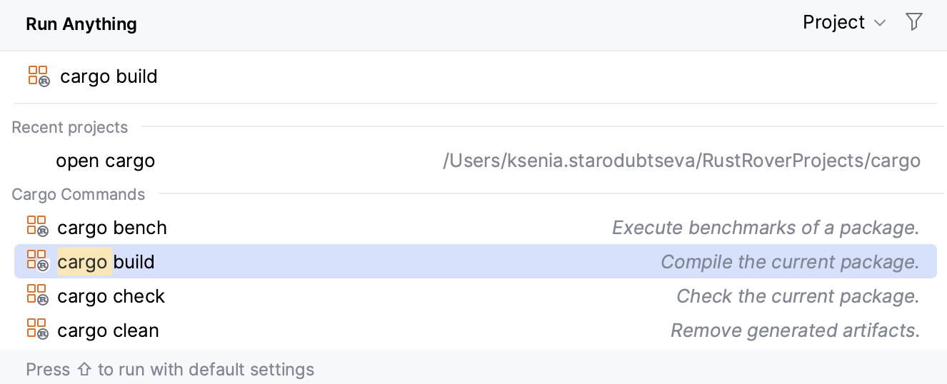Running a cargo build command for Run Anything dialog