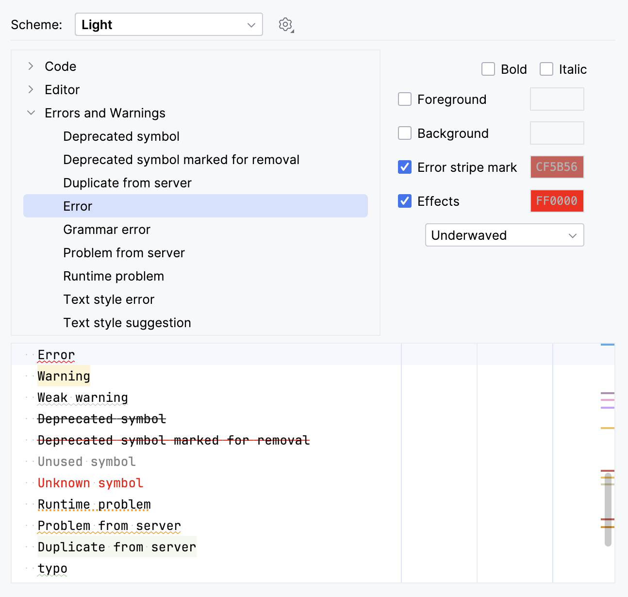 Changing error highlighting