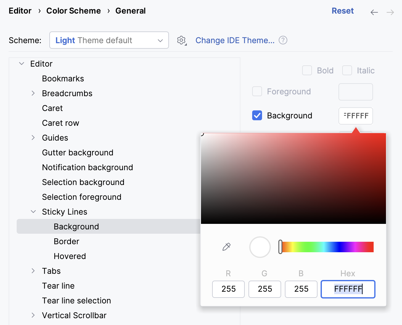 Sticky lines color scheme settings