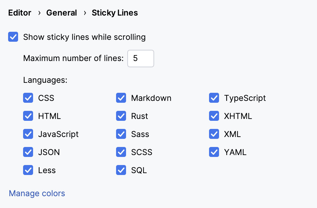 Disable sticky lines for specific languages in the IDE settings