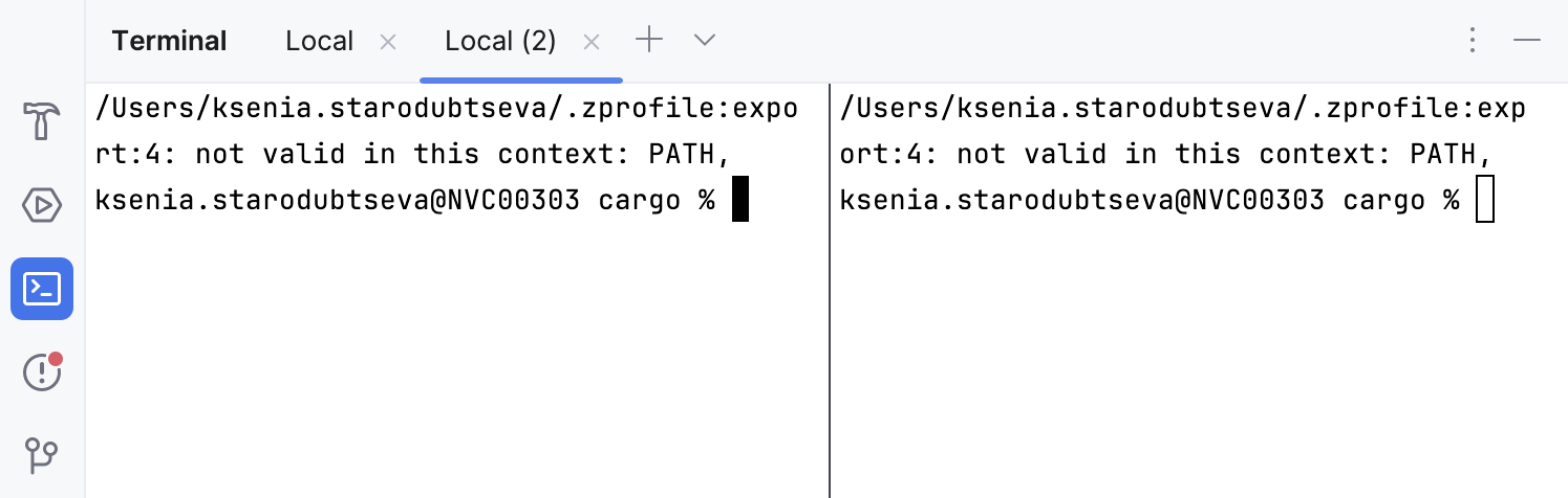 Splitting the terminal vertically (Split Right)