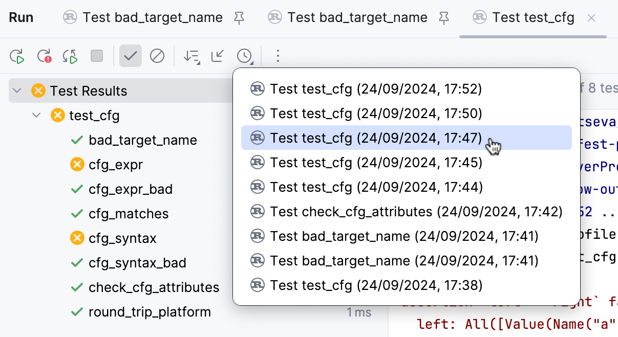 Viewing results of previous tests