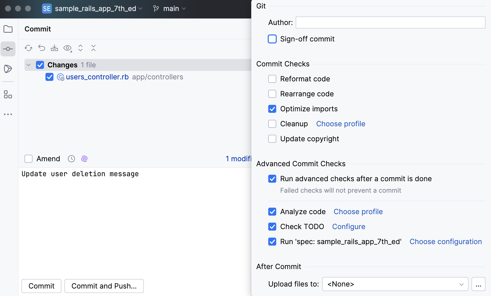 advanced commit options popup