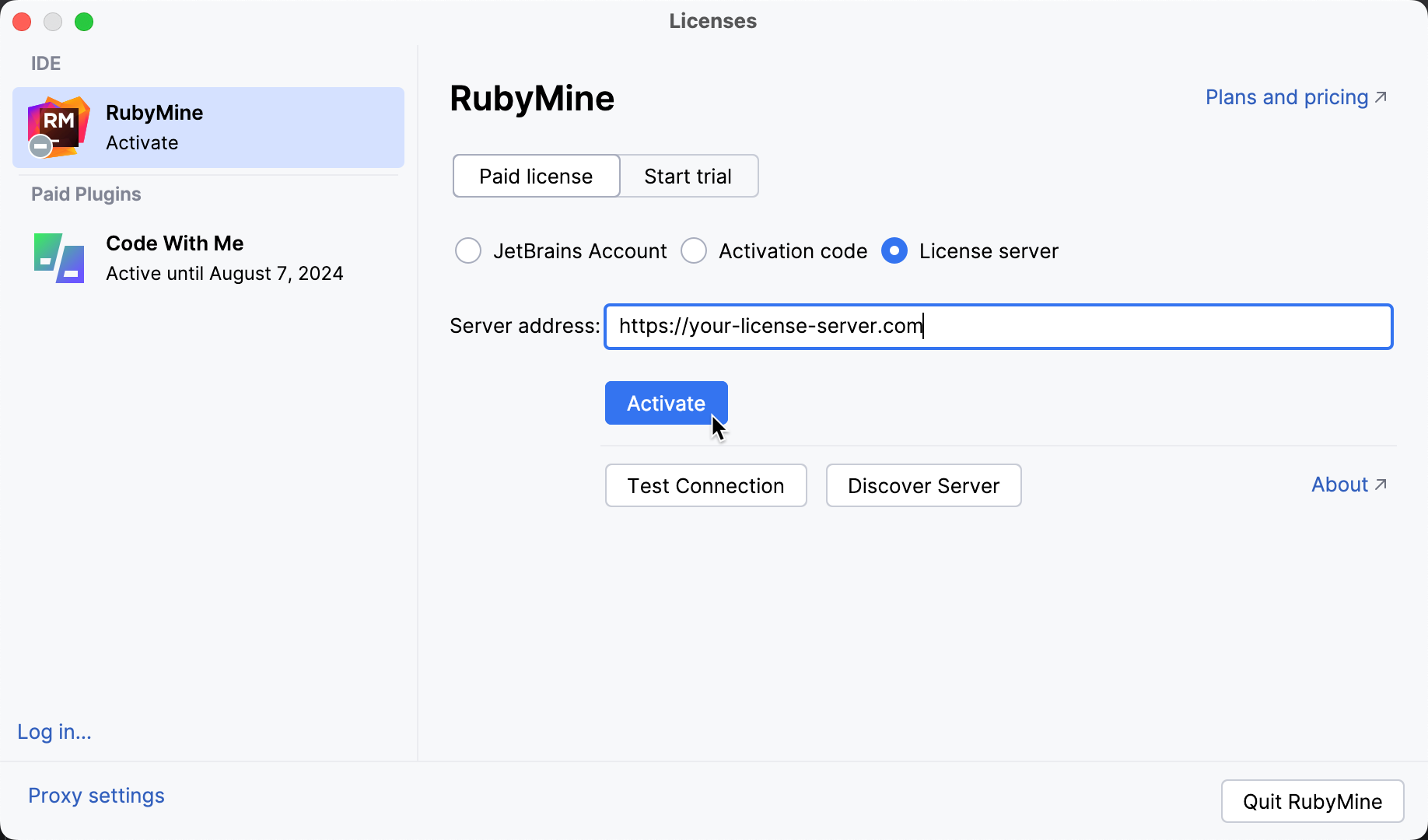 Activate RubyMine license with a license server