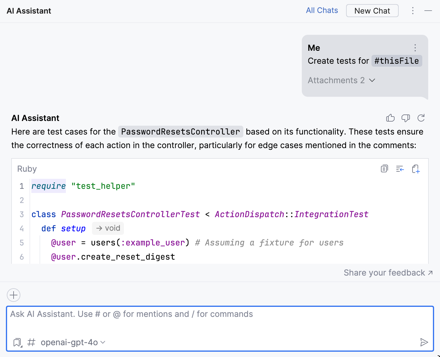 RubyMine: Asking AI Assistant programming-related questions