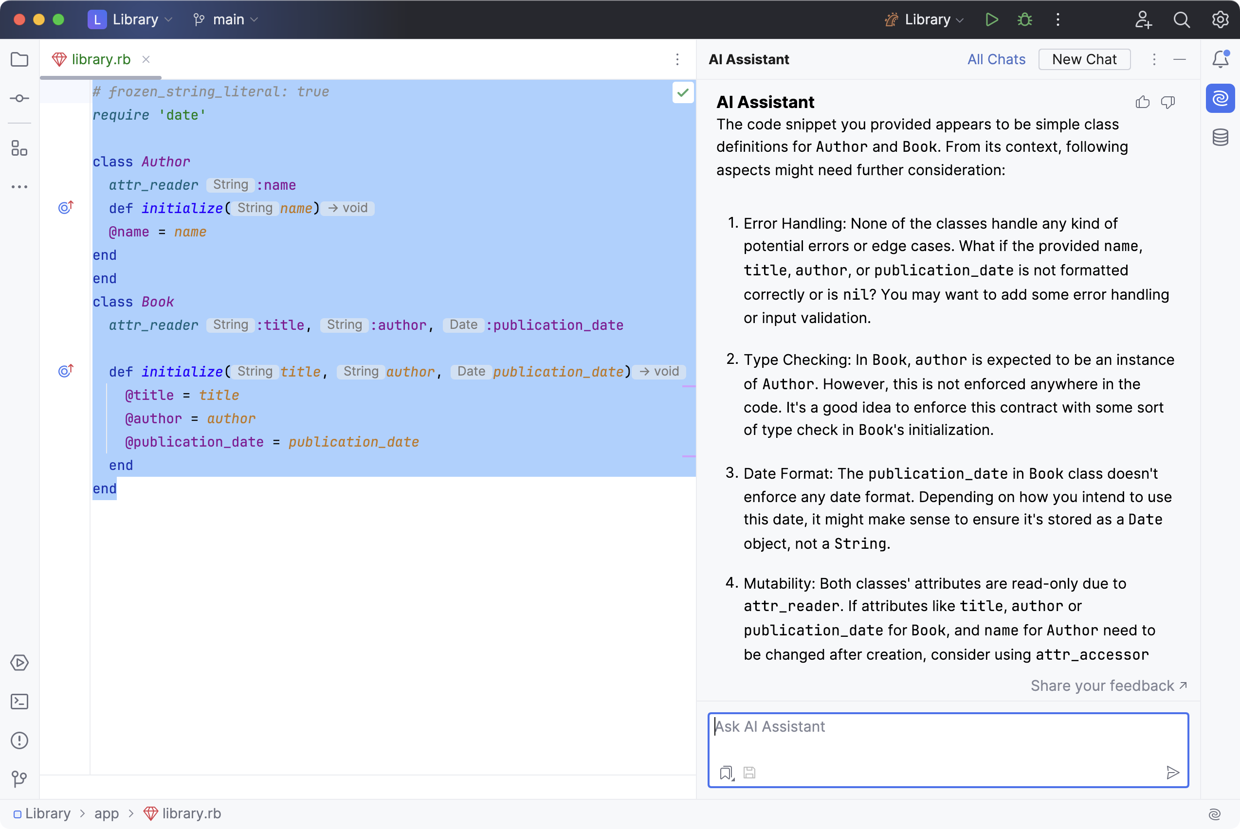 RubyMine: AI Assistant finds potential problems in the selected code
