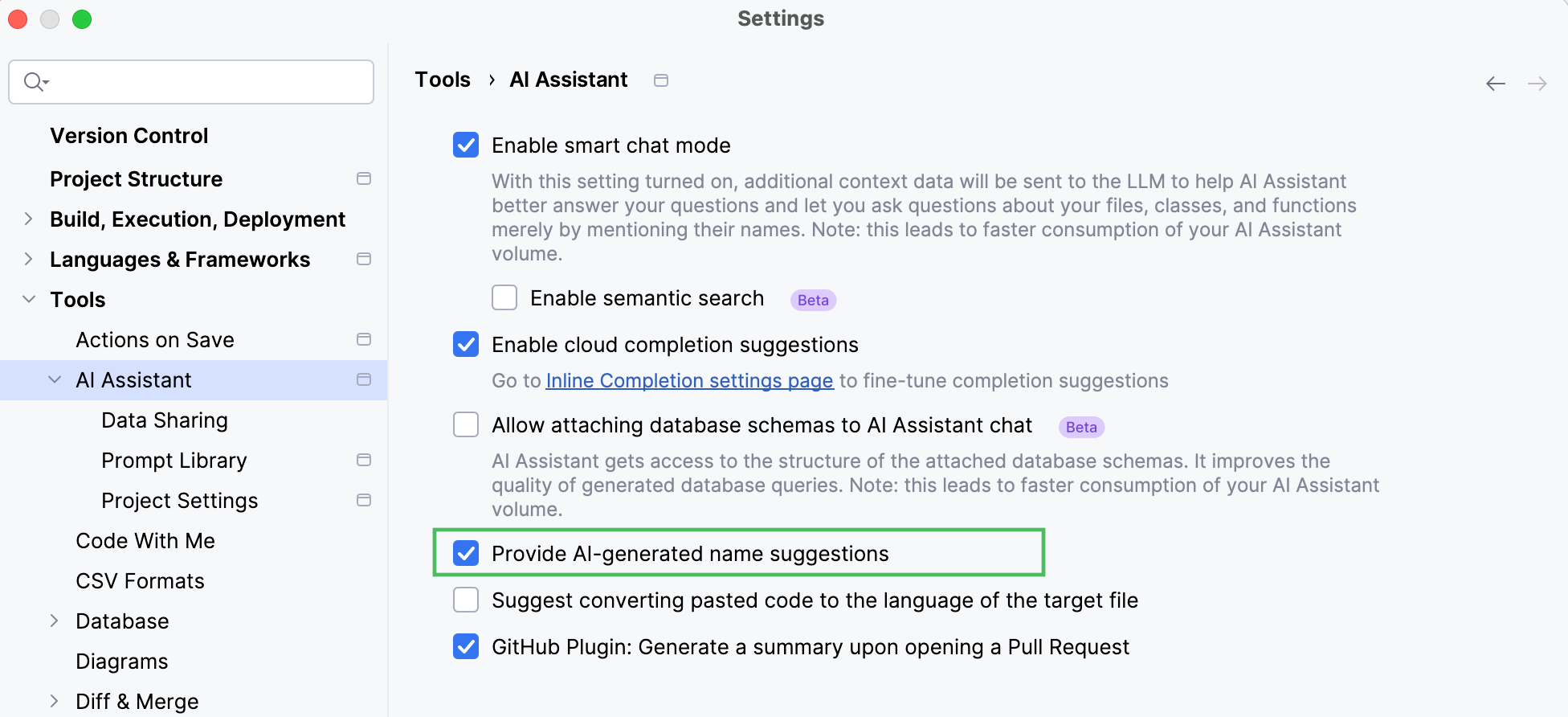 AI Assistant settings: suggest name