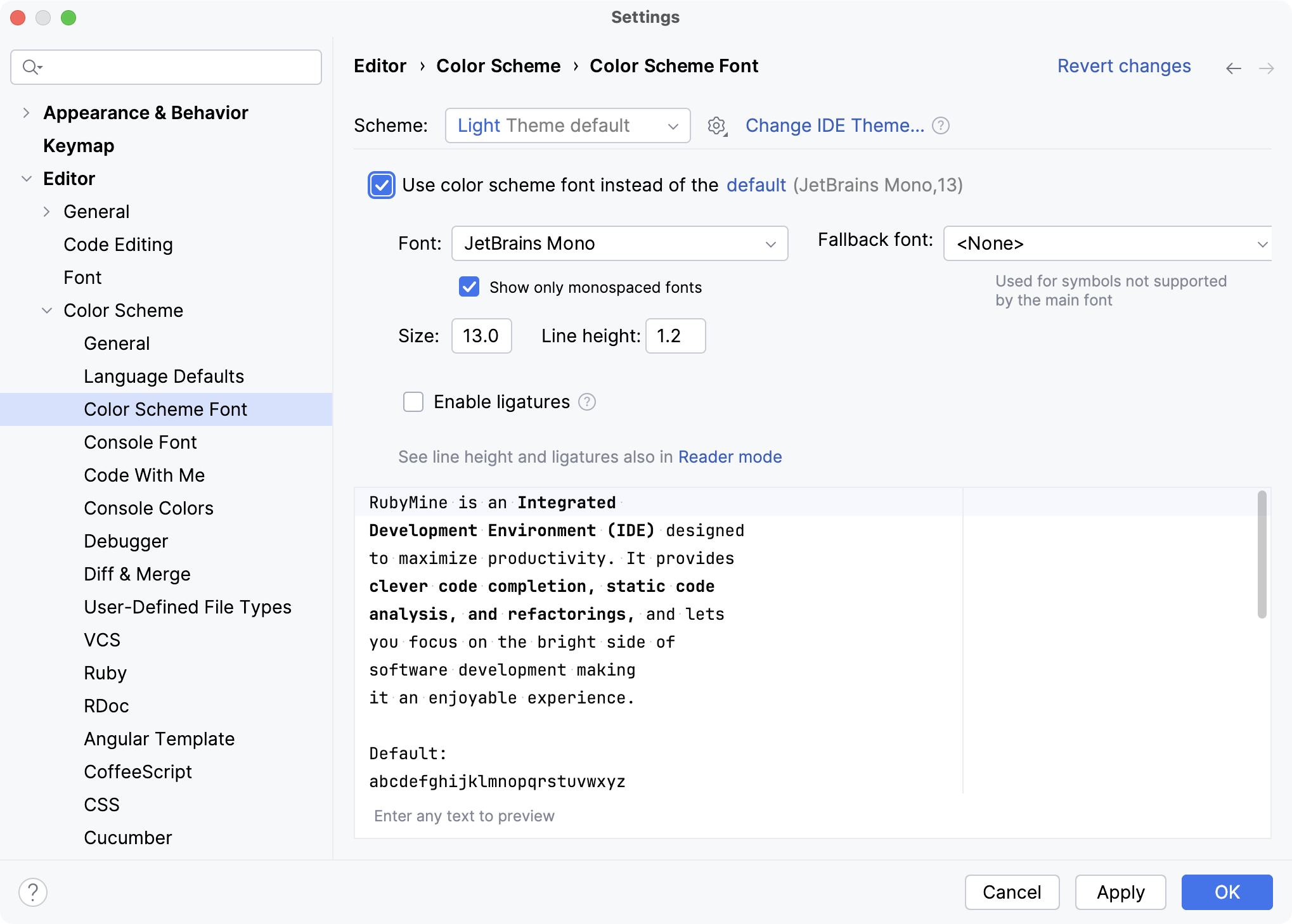 The Color Scheme Font settings page