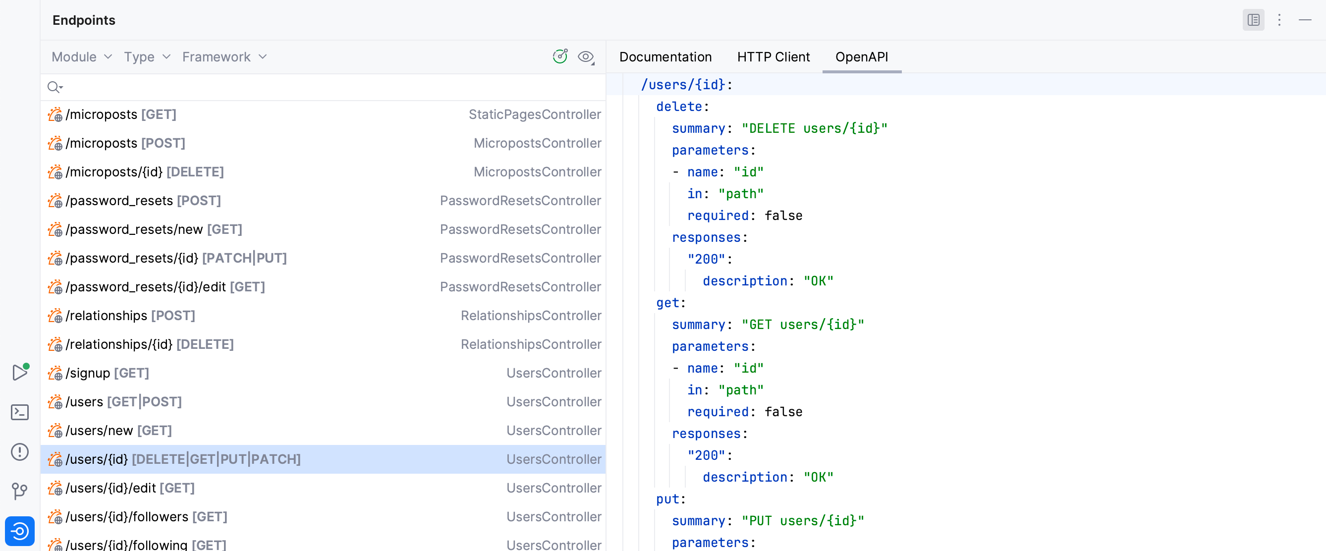 Endpoints tool window: OpenAPI tab