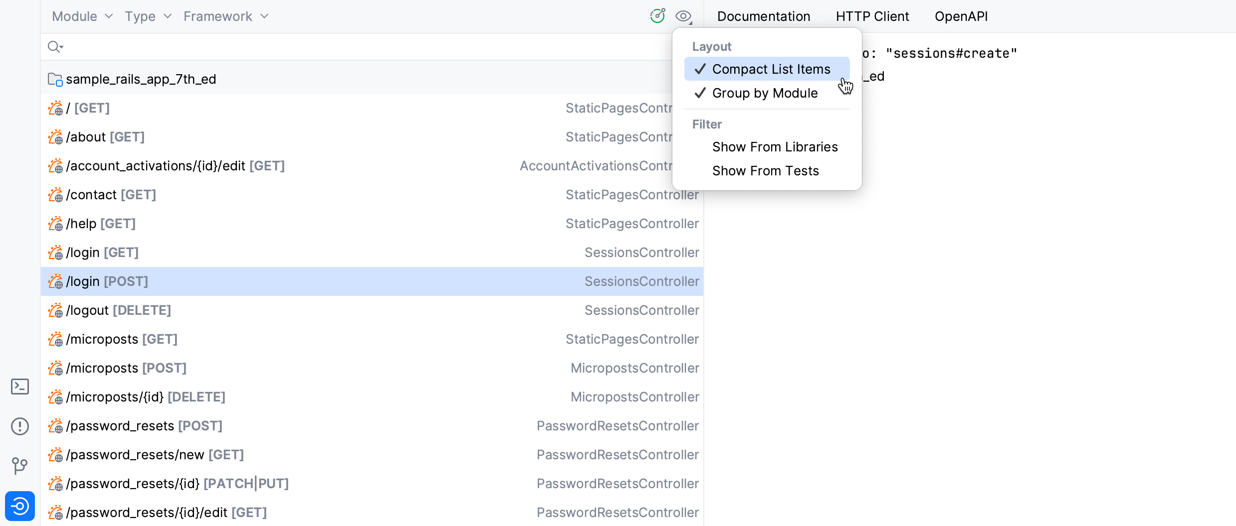 Options of the Endpoints tool window