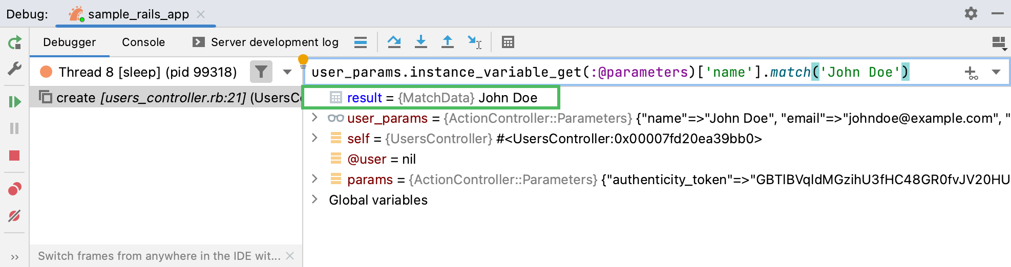 Result of an expression in the Variables tab