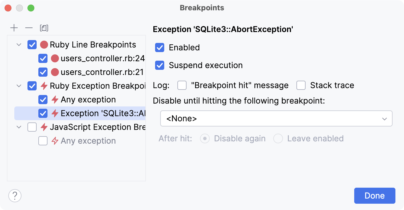 Creating an exception breakpoint