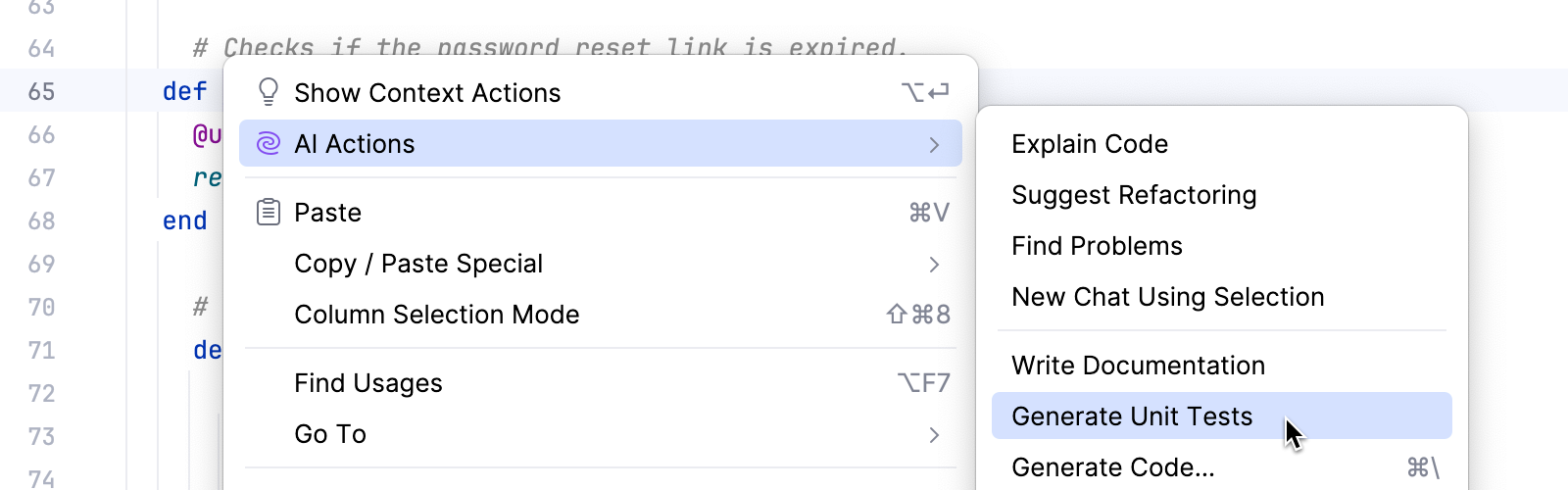 Generate Unit Tests action in context menu