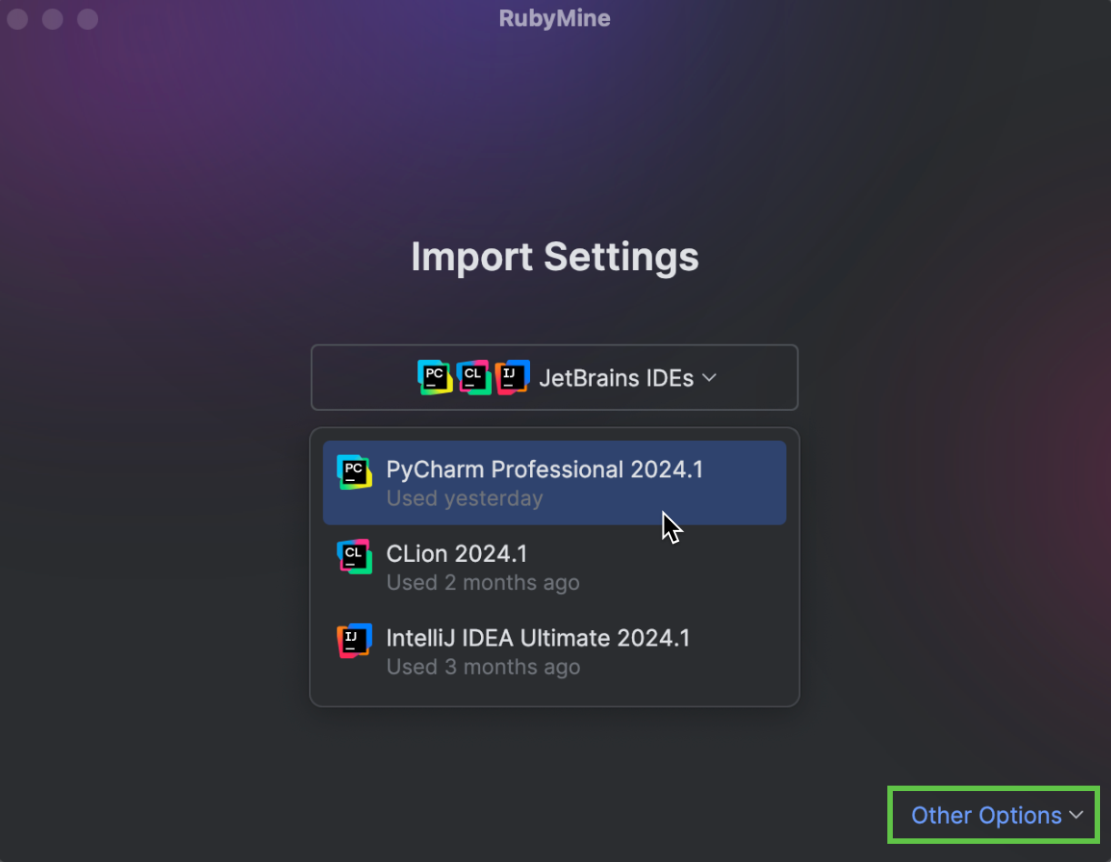 The Import Settings dialog with the opened drop-down list