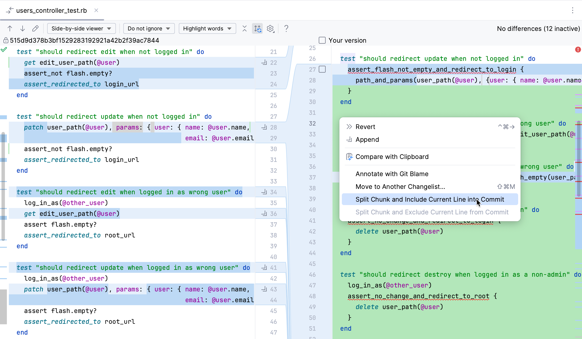 RubyMine: An option to include current line in commit in the context menu