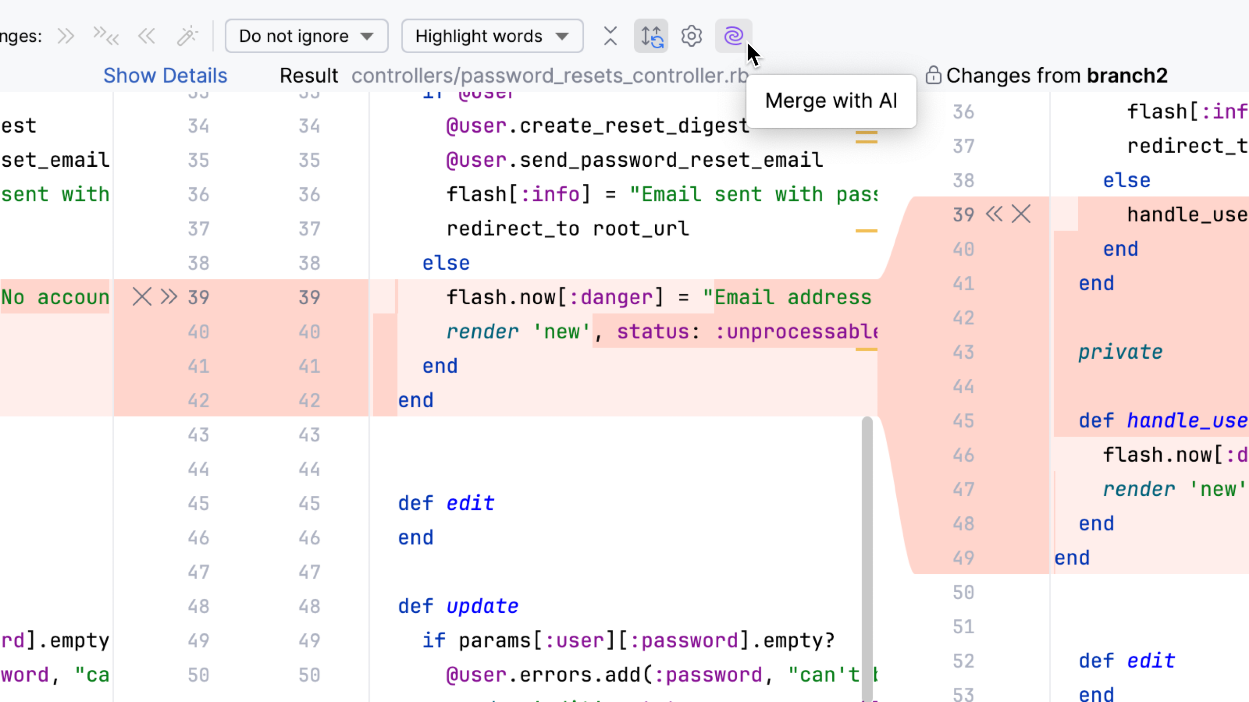 RubyMine: The Merge with AI option in the Merge Revisions dialog