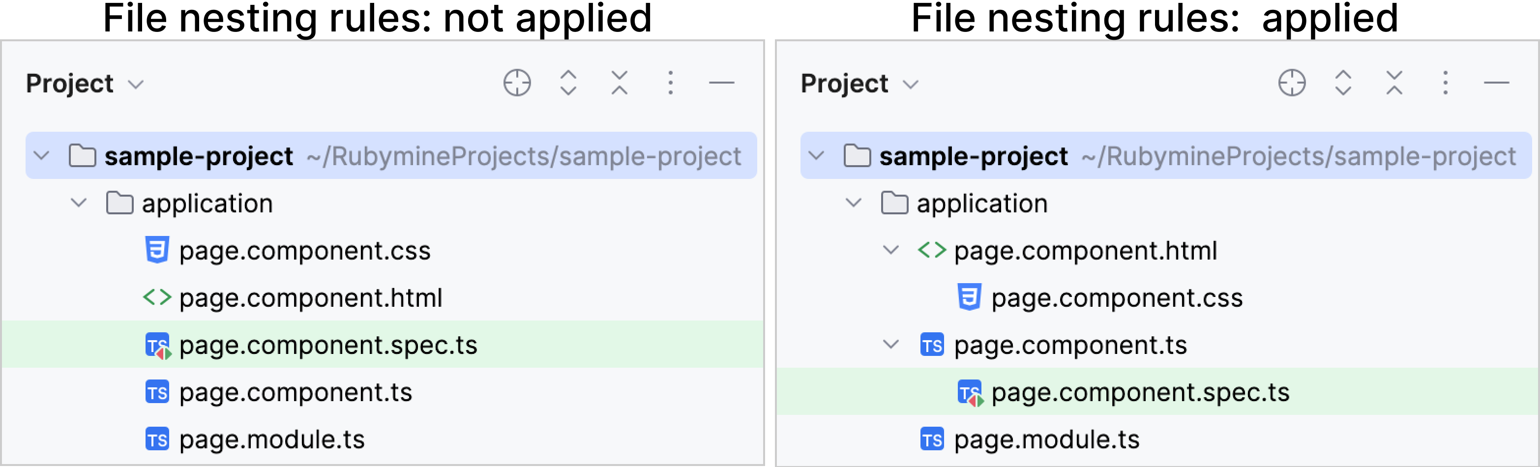 File nesting rules applied vs file nesting rules not applied