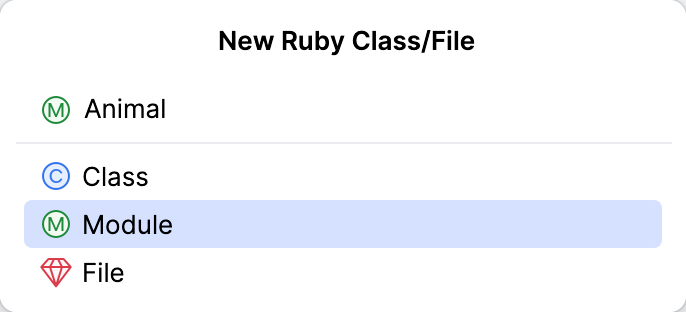 New Ruby File/Class dialog