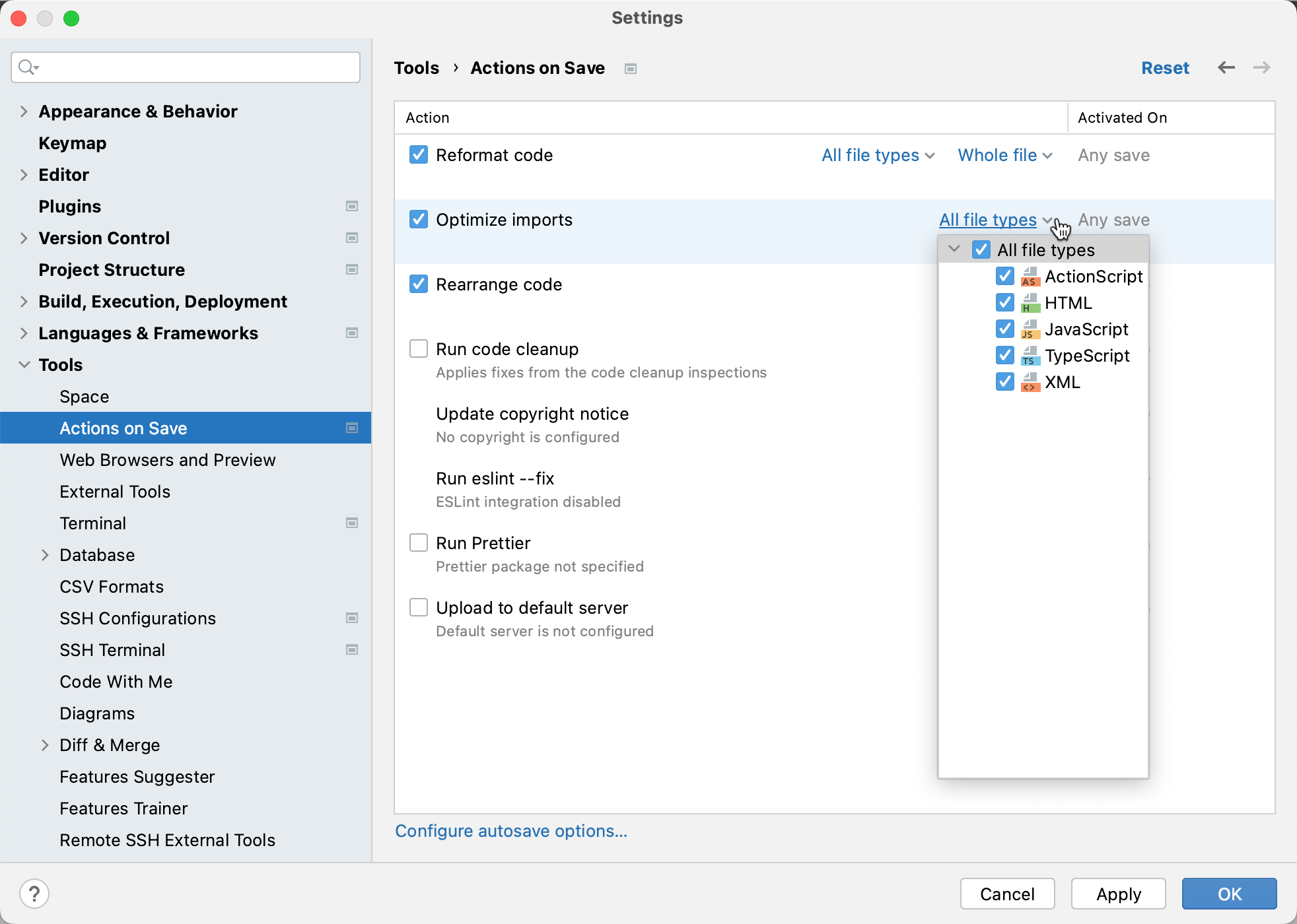 Automatically optimize imports on save: specify file types