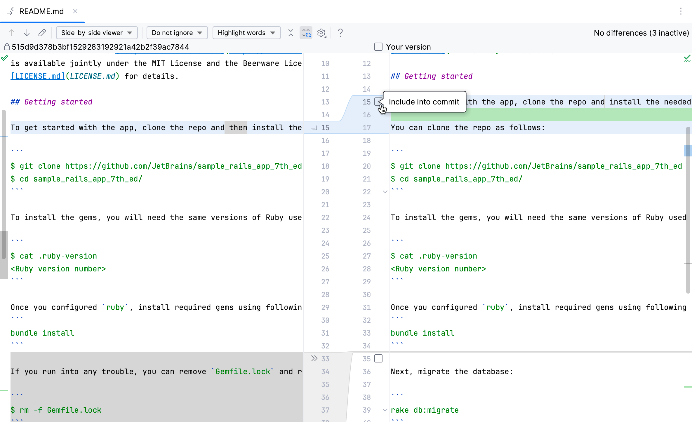 RubyMine: Partial commit dialog